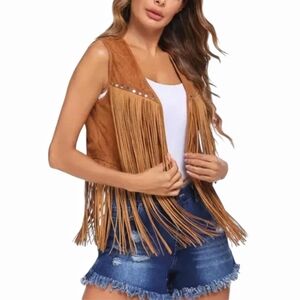 Western Cowgirl Fringe Vest Costume Faux Suede Tan Large